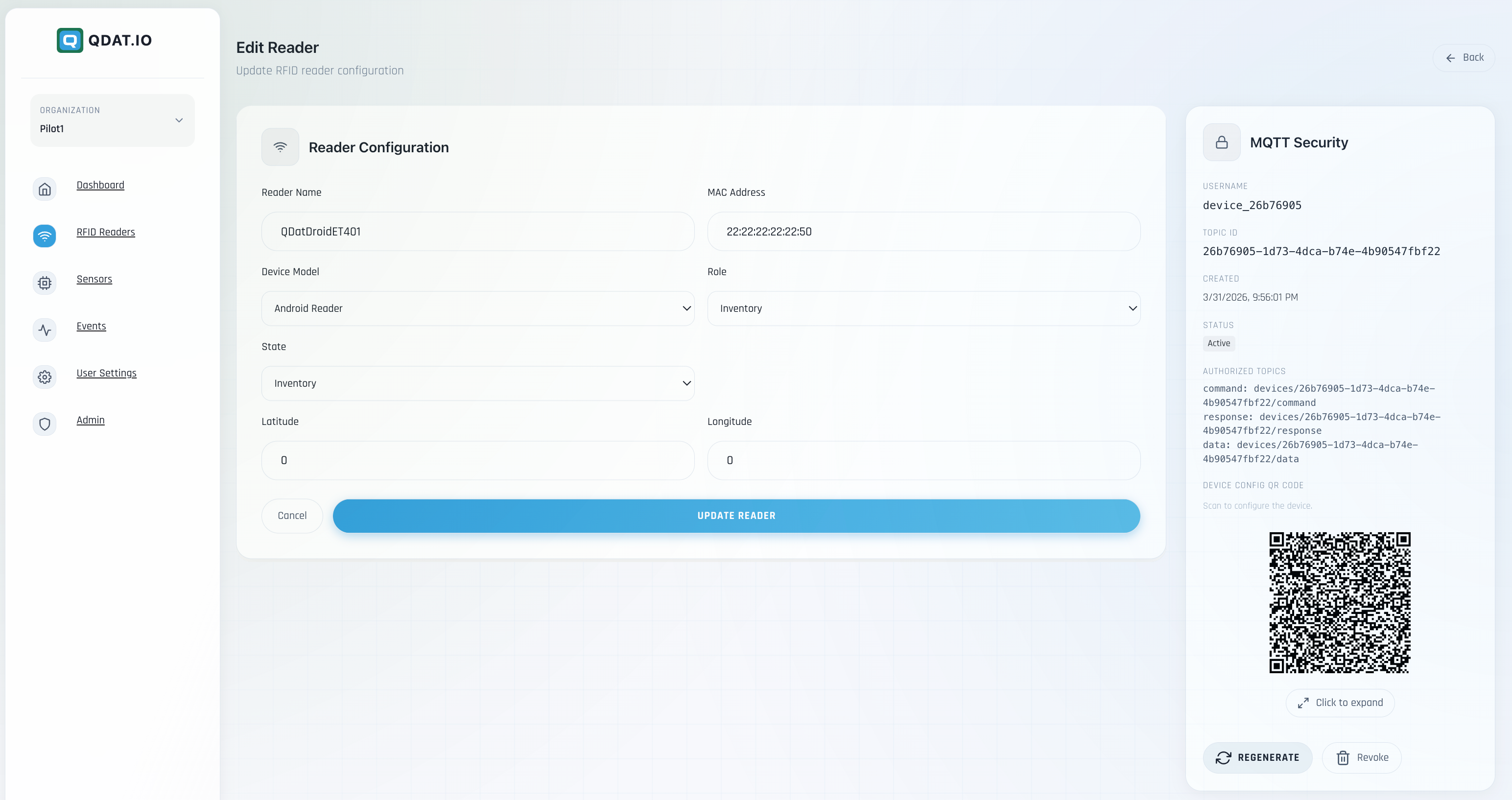 QDat.io reader provisioning view